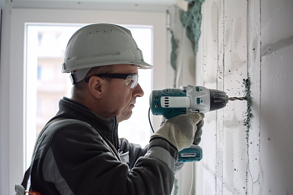 homem com capacete segurando uma furadeira